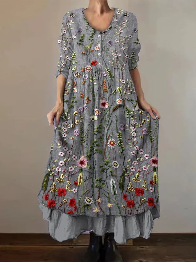 Women's Vintage Botanical Double Layer Button Dress