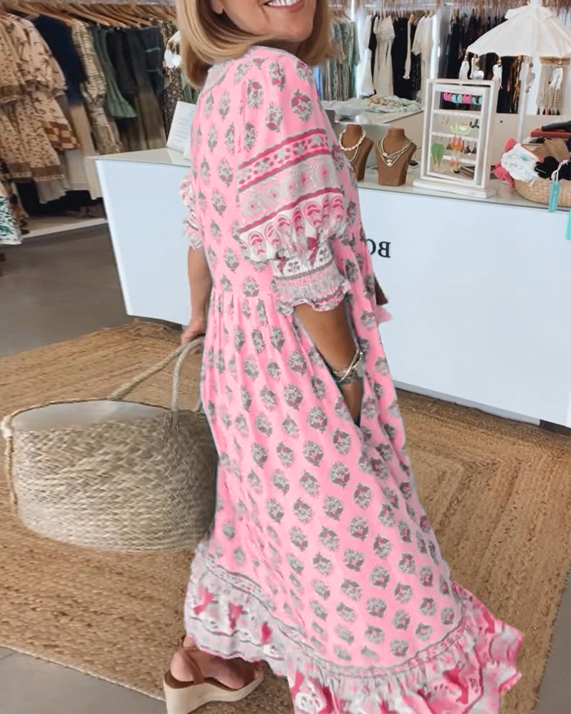 Cherry | Patterned midi dress with V-neck and balloon sleeves Elegant