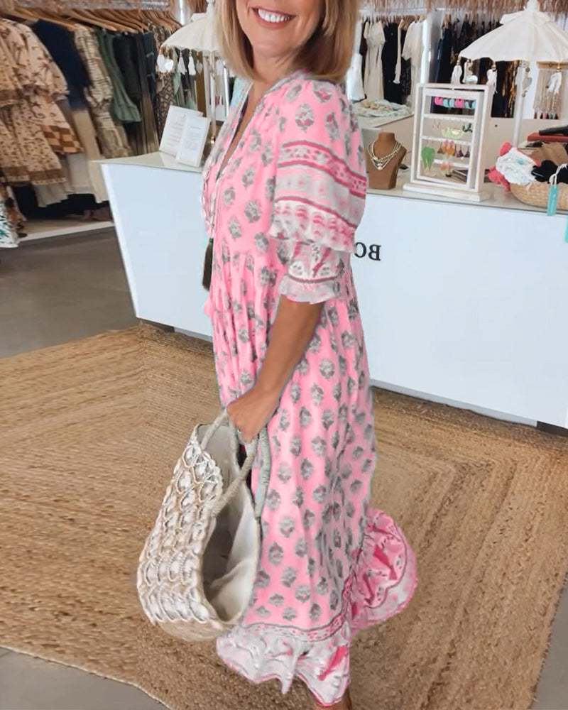 Cherry | Patterned midi dress with V-neck and balloon sleeves Elegant