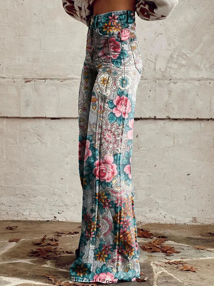 Olive | Vintage Floral Paisley Wide-Leg Jeans