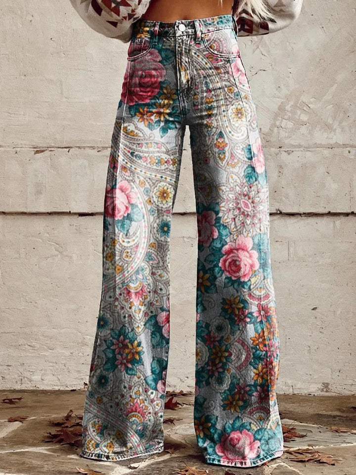 Olive | Vintage Floral Paisley Wide-Leg Jeans