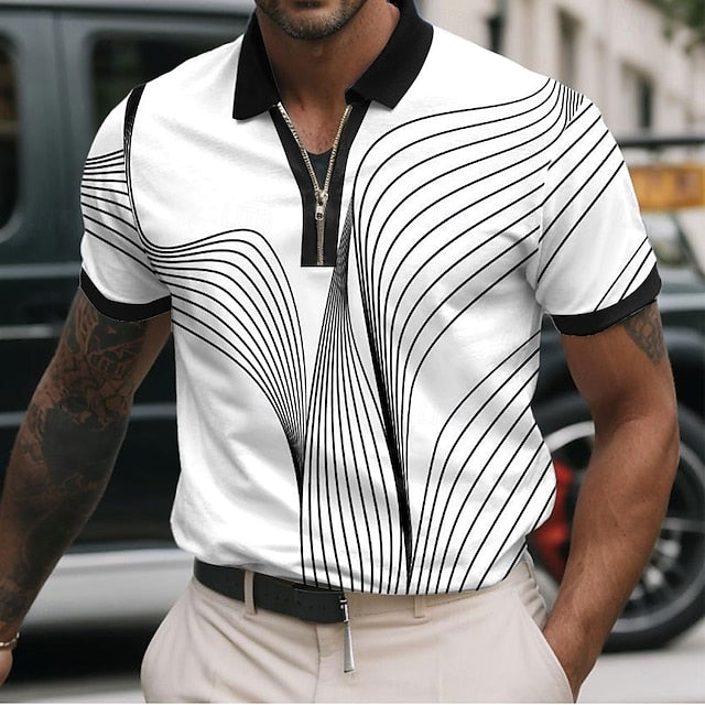 Geometric Line Zip Polo